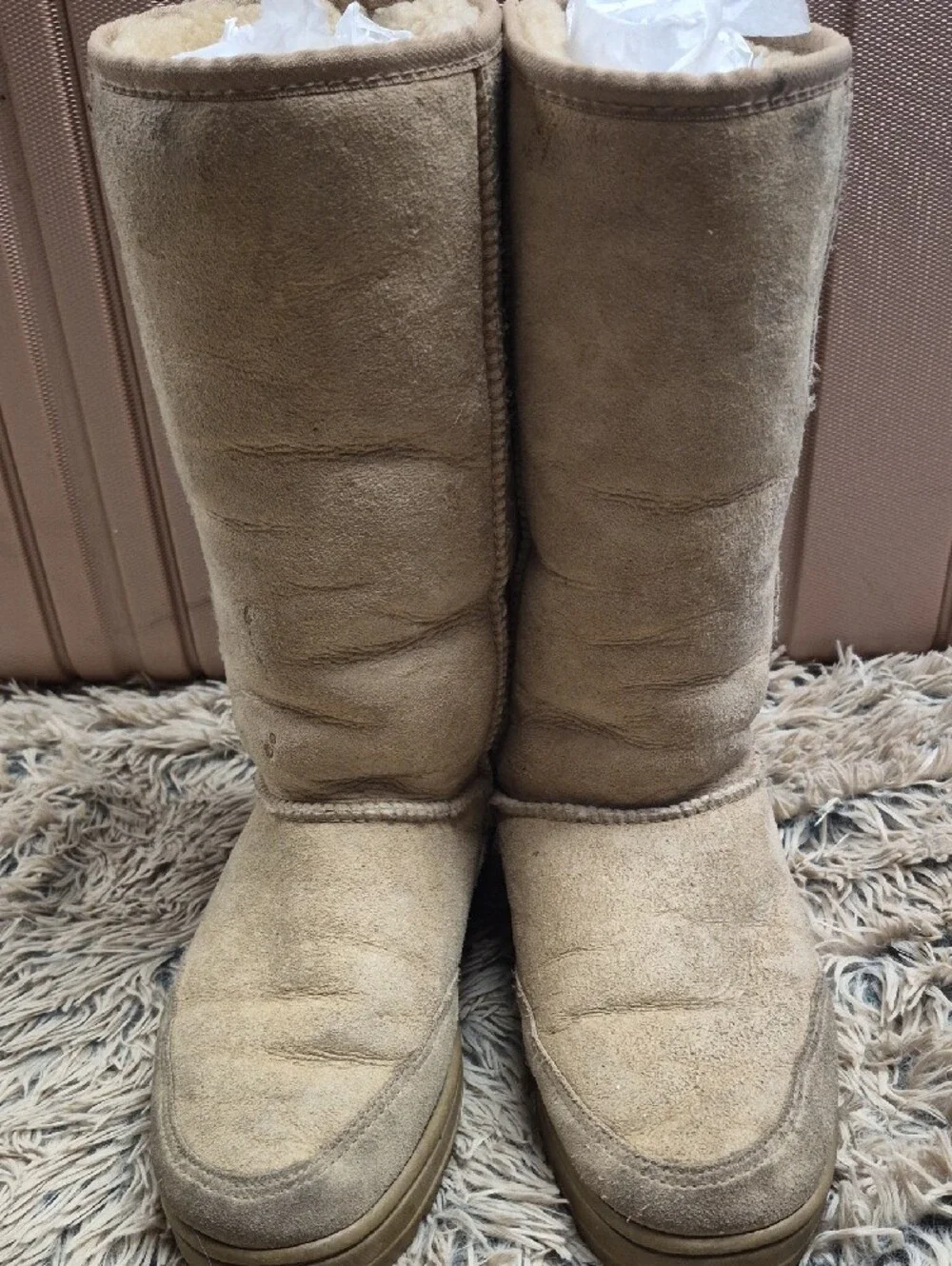 UGG Tall Shearling-Lined Suede Boots in Light Tan